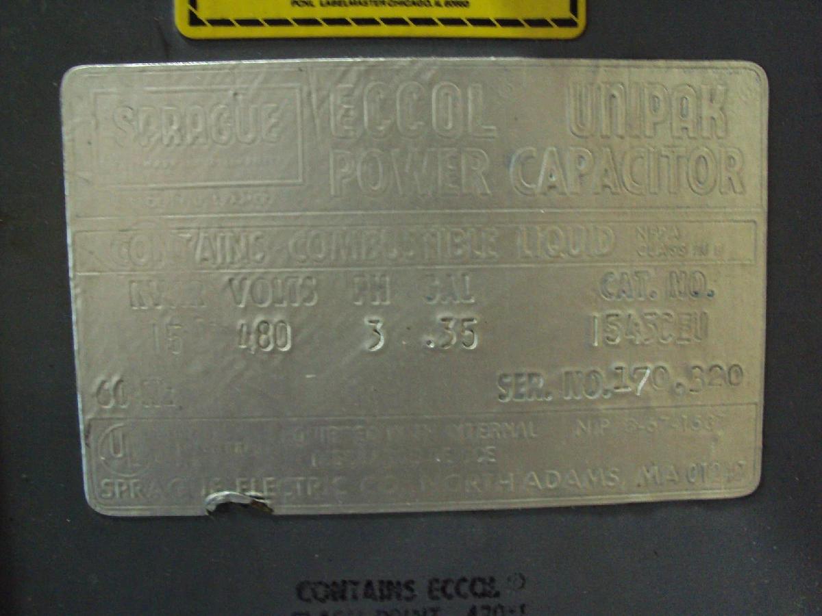 Used Sprague Eccol Unipak Power Capacitor 480 Volts 3 PH Ser. No. 170.230