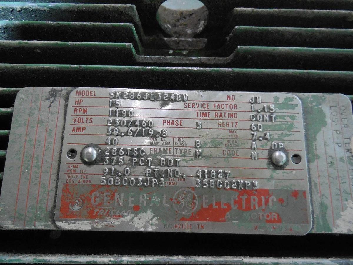 Used GE General Electric 15 HP Motor 1190 RPM (230/460 Volts) 3 Phase 5K286JL324BV