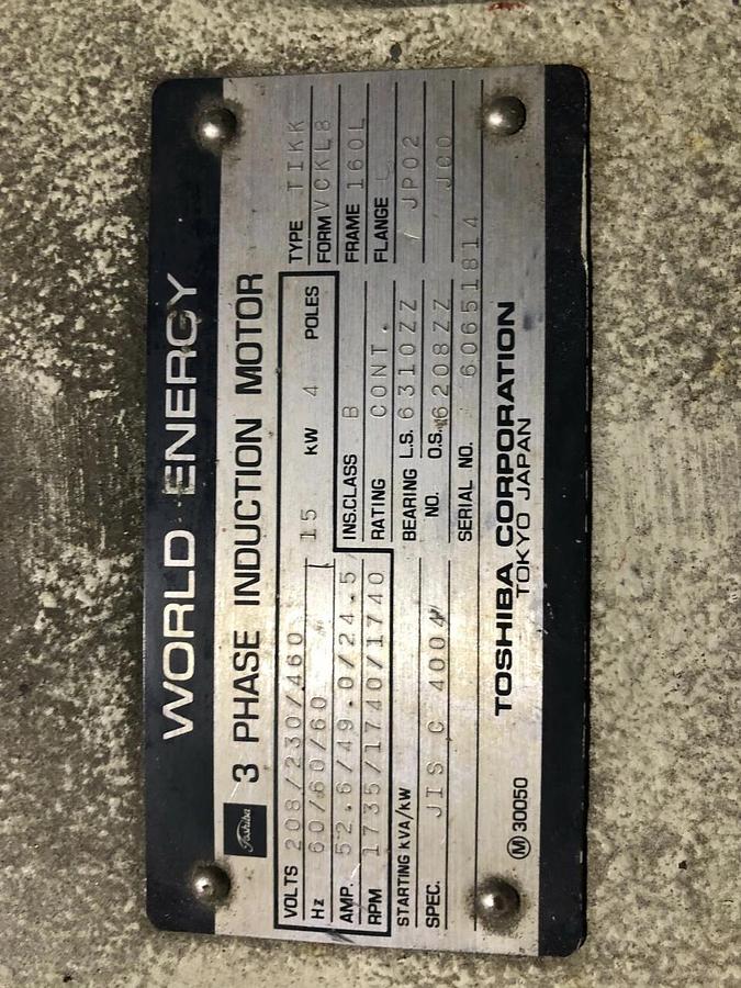 Used World energy Toshiba induction motor TIKK 15 kw frame 160L Daikin Piston pump