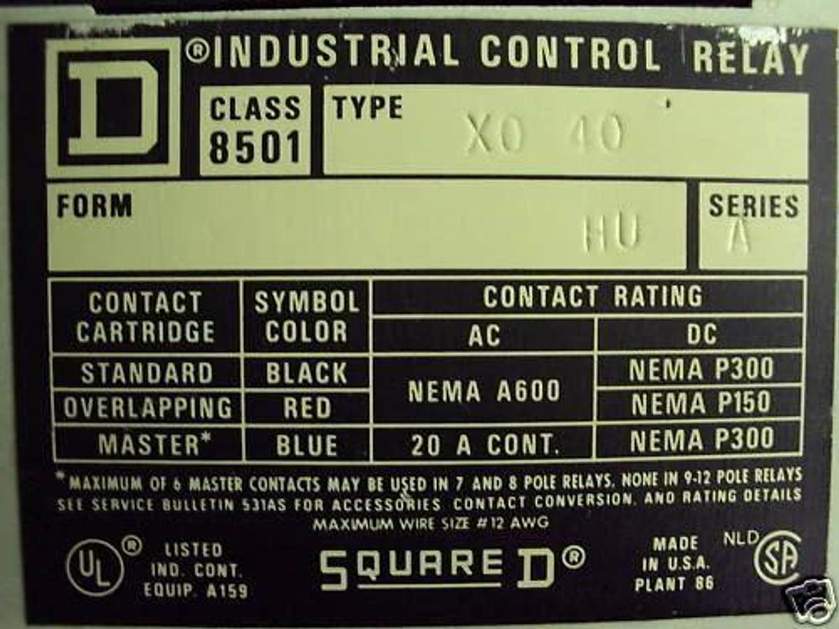 Used Square D Relay Contactor 24v 60hz Series A. Calss 8501 type X