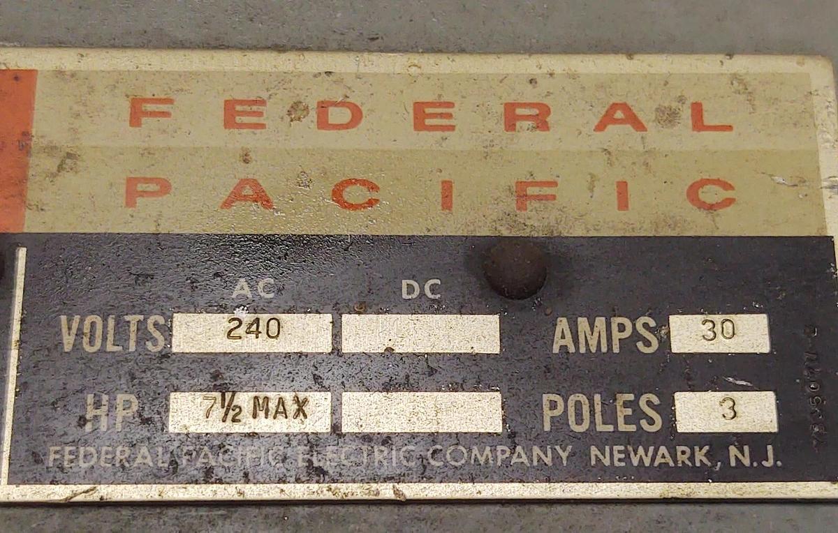 Used Federal Pacific AE-536 Fusible Enclosed Switch, 30A, 240V, 3 Pole With Ground