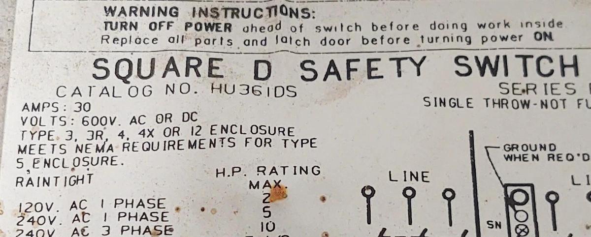 Used 🔥 Square D HU361DS 3 Pole 30 Amp STAINLESS Non-Fusible Disconnect Switch 30Hp