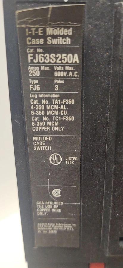Used 🔥 Siemens ITE FJ6 FJ63S250A 250A 3 Phase Switch 600V AC 250V DC