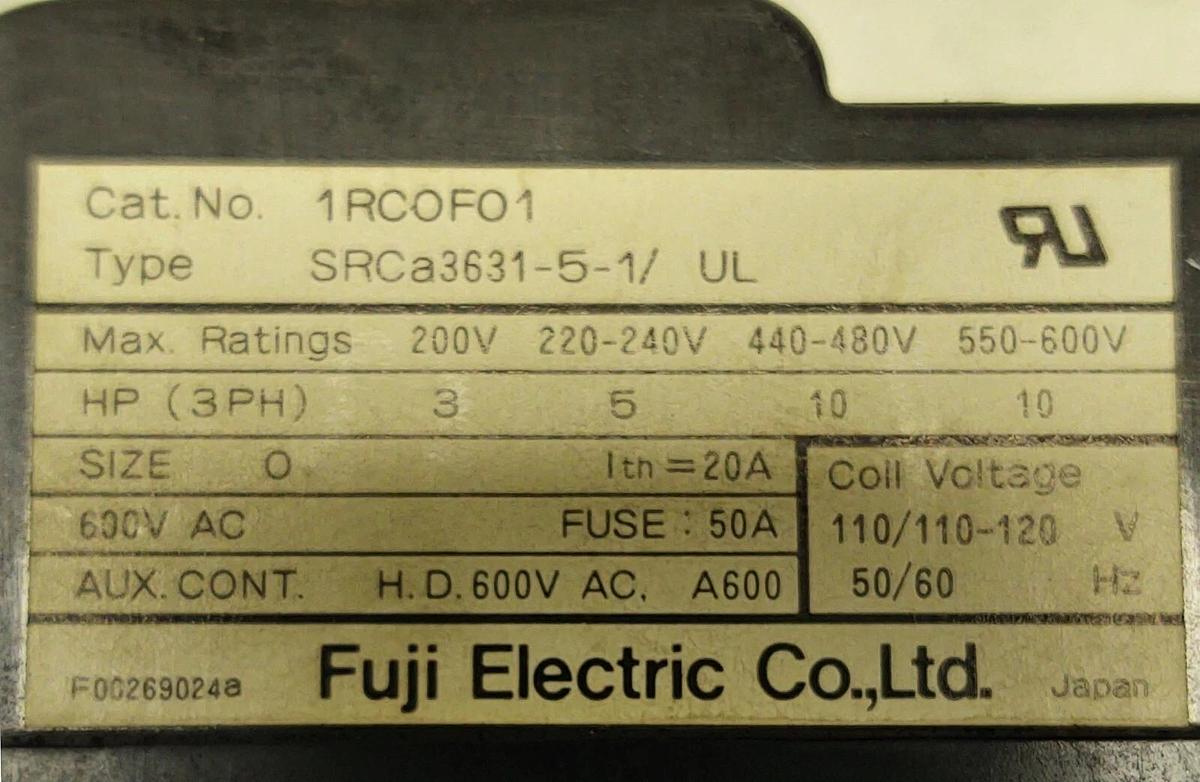 Used FUJI ELECTRIC 1RC0F01 CONTACTOR 1RC0F01 SRCA3631-5-1 W/ 1NR0FP, TR-1SN/UL