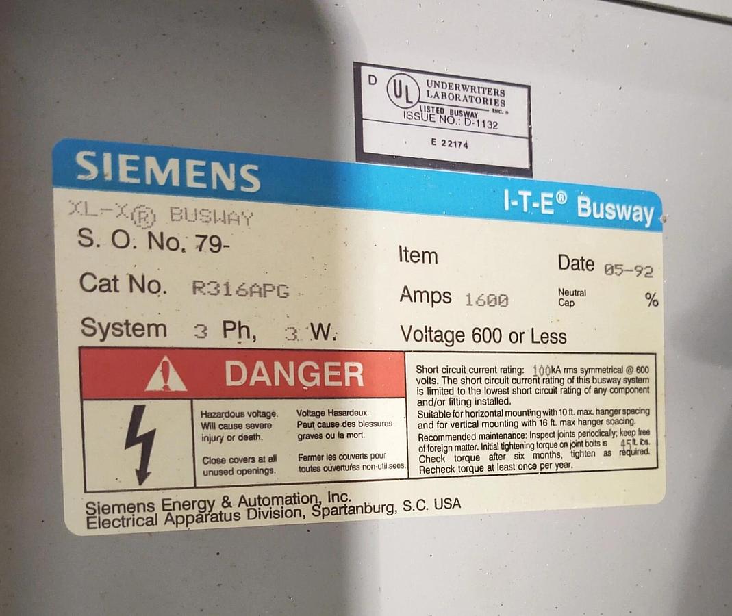 Used 🔥 (1 PCS) I-T-E Siemens R316APG, 120", 1600 Amp, 600 Volt, 3PH3W, XL-X Busway