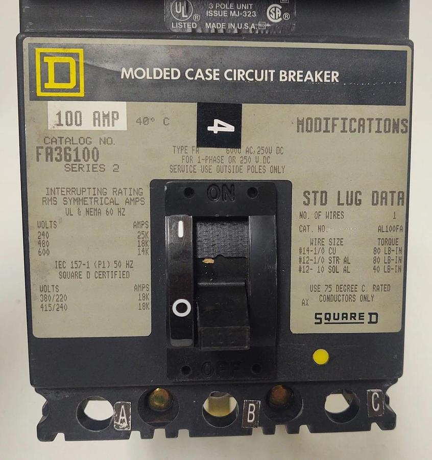 Used 🔥Square D FA36100 3 Pole 100 Amp 600 Vac I-Line Circuit Breaker