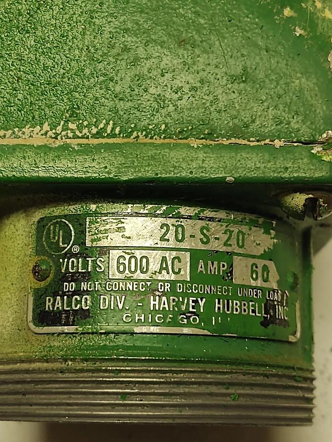 Used LARGE HUBBLE RALCO 3 POLE 3 WIRE 60 AMP 600 VAC THREADED PLUG 20S20 20-S-20