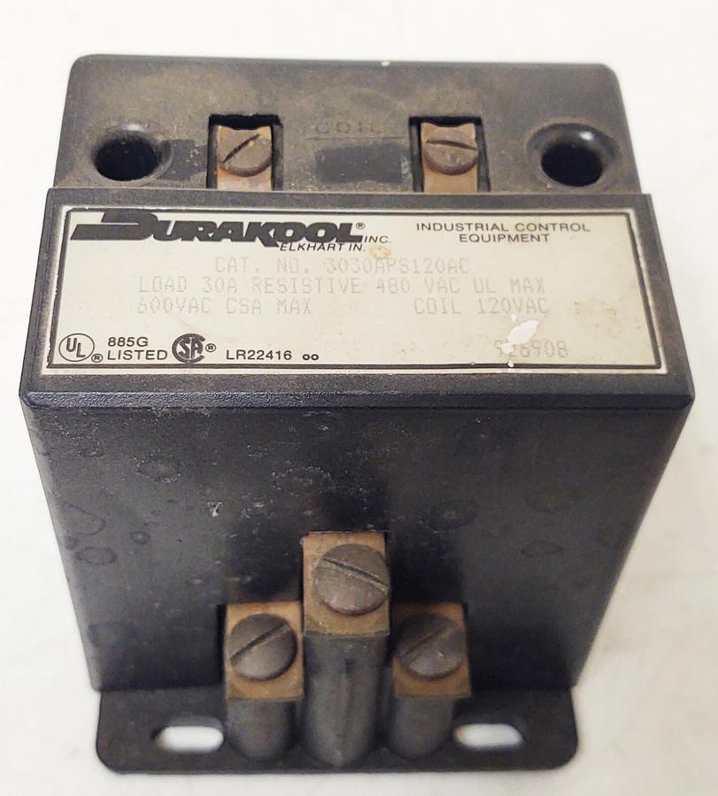 Used 🔥DURAKOOL 3 Pole Control Relay 3030APS120AC, 30A 480VAC 120V Coil
