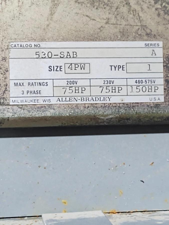 Used Allen Bradley 40 x 23 x 9 Enclosure 4PW 530-SAB 150hp Motor Starter Cabinet