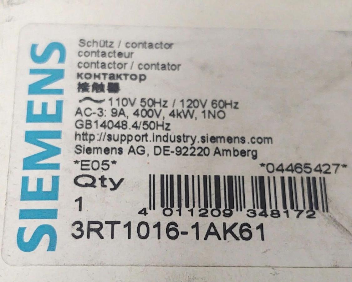 🔥NIB Siemens 3RT1016-1AK61 Contactor 120V Coil 9A