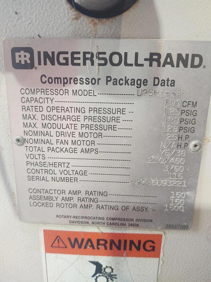 Used 🔥(Working) U25HE-SP Ingersoll Rand Air Compressor 17000HR 480V 25HP 100CFM