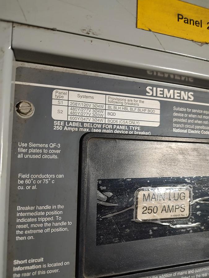 Used Siemens S2E30ML250CTS 3 Phase 4 Wire 250A 480Y/277V Type S2 Nema1 MLO Panel Board