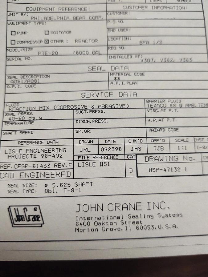 John Crane 5.625" Mechanical Plastic Reactor Seal Corrosive + Abrasive T-8-1DBL