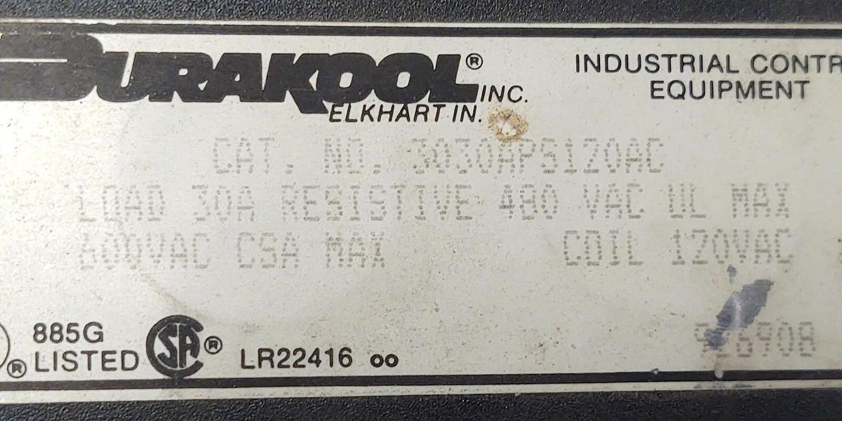 Used 🔥DURAKOOL 3 Pole Control Relay 3030APS120AC, 30A 480VAC 120V Coil