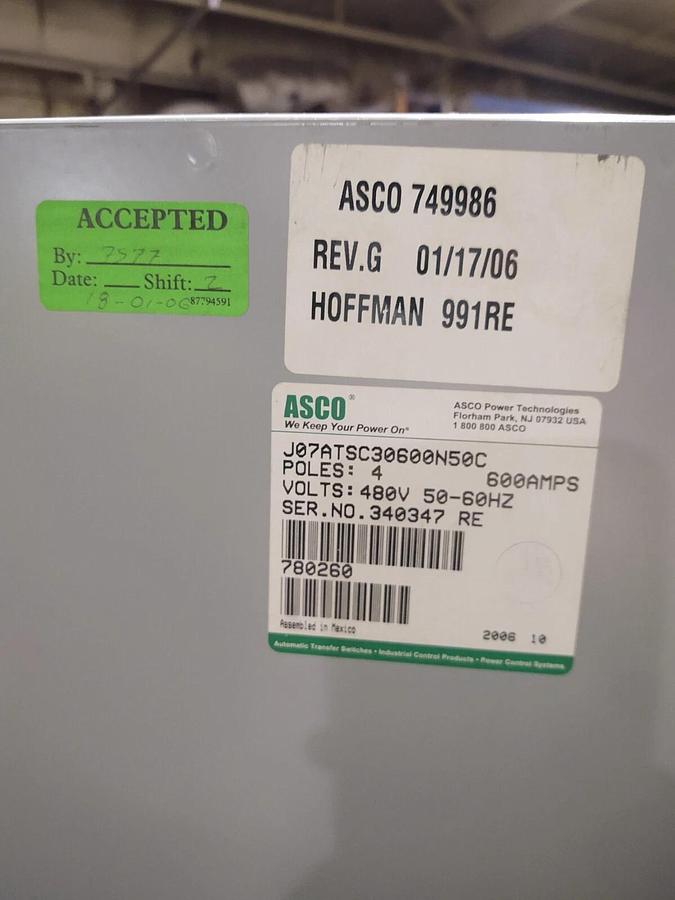 Used 🔥 ASCO 7000 Series Automatic Transfer Switch, 600A, 4 Wire, 480V, 3ph CLEAN