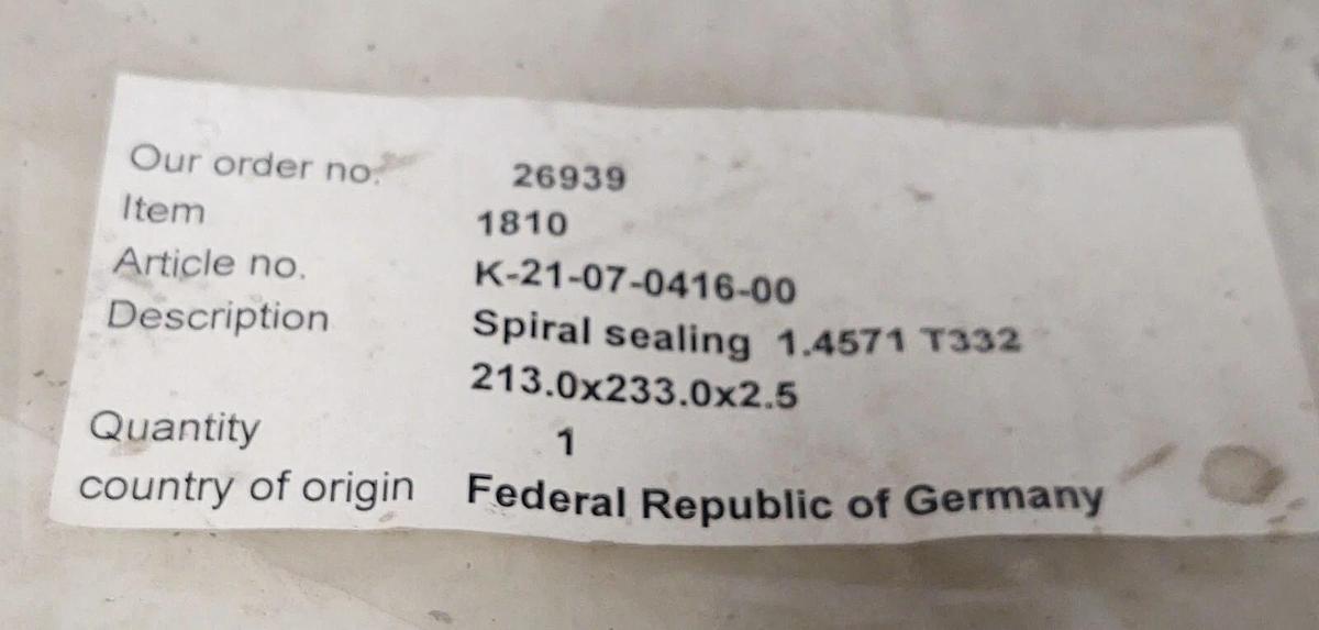 T332 Spiral Pump Sealing Rings 1810 1.4571 213.0x233.0x2.5