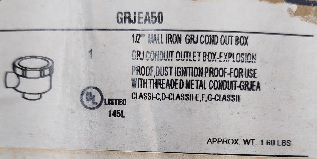 Appleton GRJEA50 Conduit Outlet Box, Explosion Proof, Style EA, Iron, 1/2"