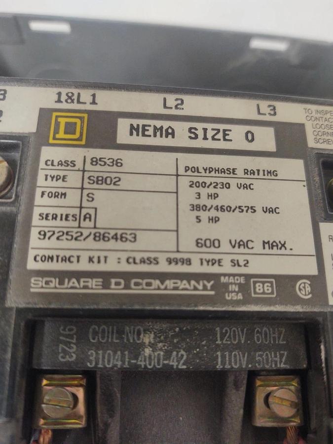 Used 🔥 TESTED Square D 8536 SB02 Nema Size 0 Starter Type 1 Enclosure 120V Coil