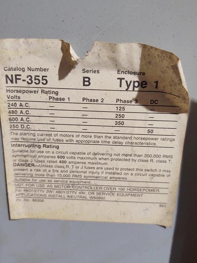 Used Siemens Non-Fusible Safety Switch NF355 400A 600V 3Ph Type 1 Enclosure Used