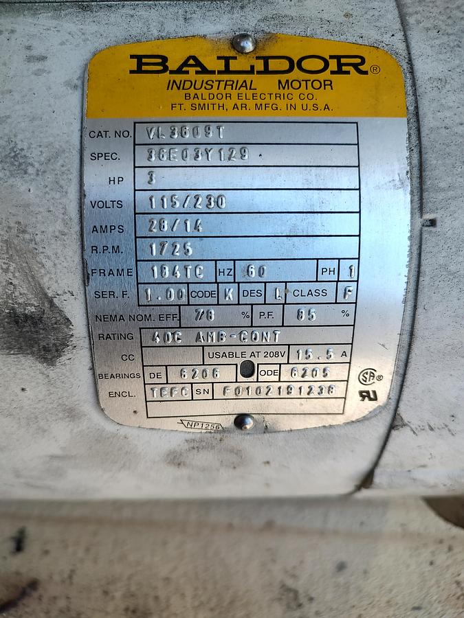 Used BALDOR VL3609T 3 HP Single Phase 115/230 1725 RPM 184TC Frame