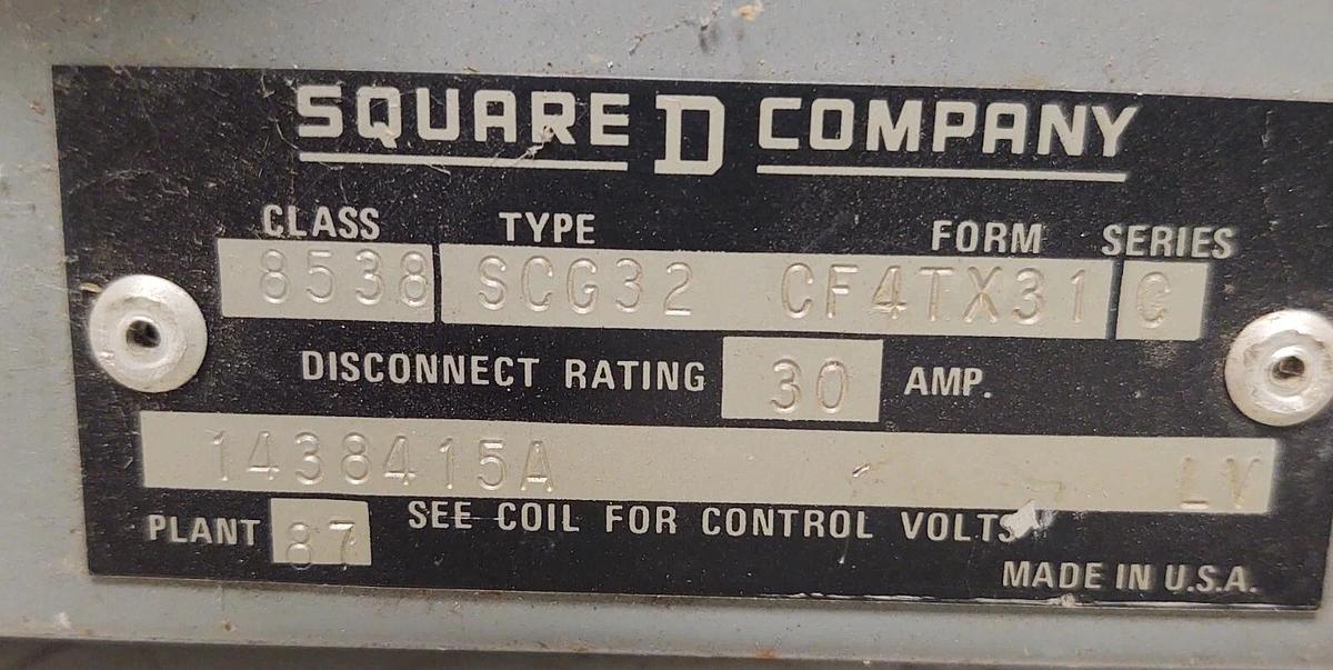 Used Square D NEMA 1 Combination Motor Starter Disconnect 8538SCG32CF4TX31 120V Coil