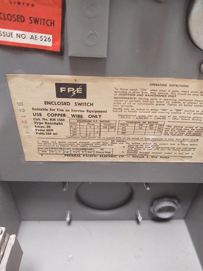 Used Federal Pacific AE-536 Fusible Enclosed Switch, 30A, 240V, 3 Pole With Ground