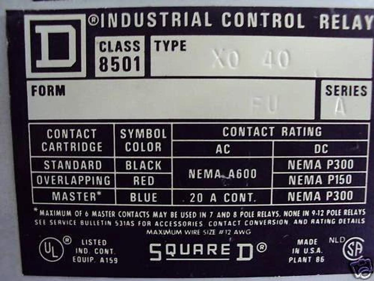 Used Square D Contactor Relay Class 8501 FU 120 AC Coil