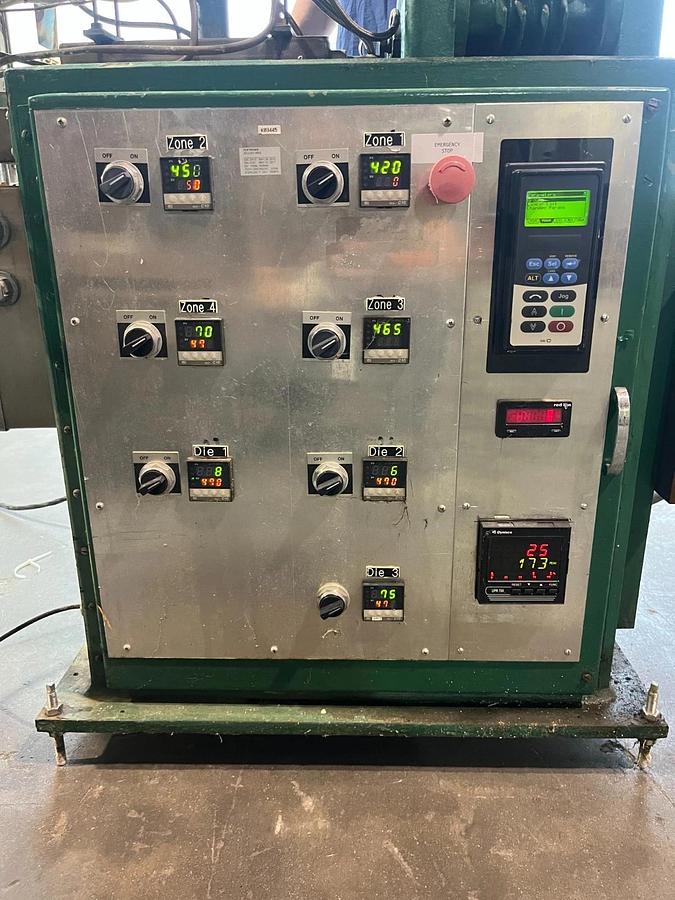 Used Sterling 3 HP 1" Extruder with 8" EDI U75 Sheet die Killon 3 Roll Sheet Stack