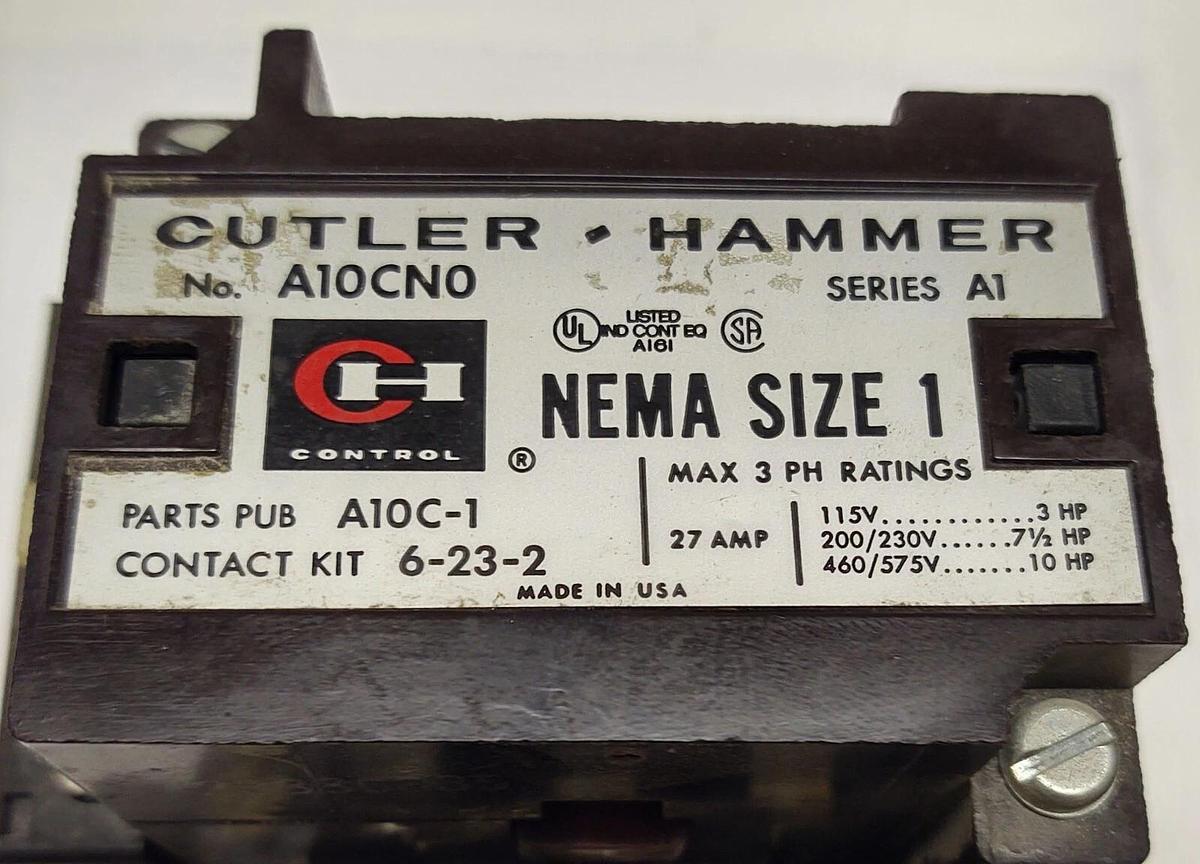 Used CUTLER HAMMER MOTOR STARTER A10CN0 NEMA 1 27A CONTACTOR 120V COIL W 1036 HEATERS
