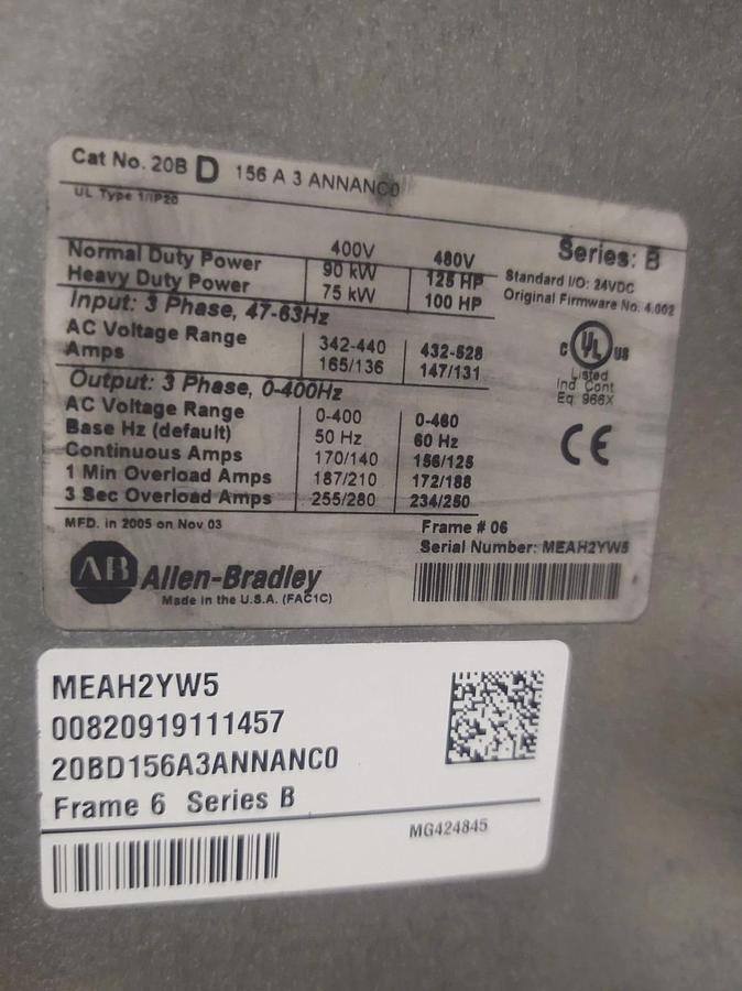 Used 🔥ALLEN BRADLEY 20BD156A3ANNANCO Power Flex 700, 125Hp, VFD, 156A