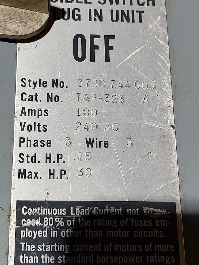 Used WESTINGHOUSE TAP-323 100A 240VAC 3PH FUSIBLE BUS PLUG DUCT SWITCH