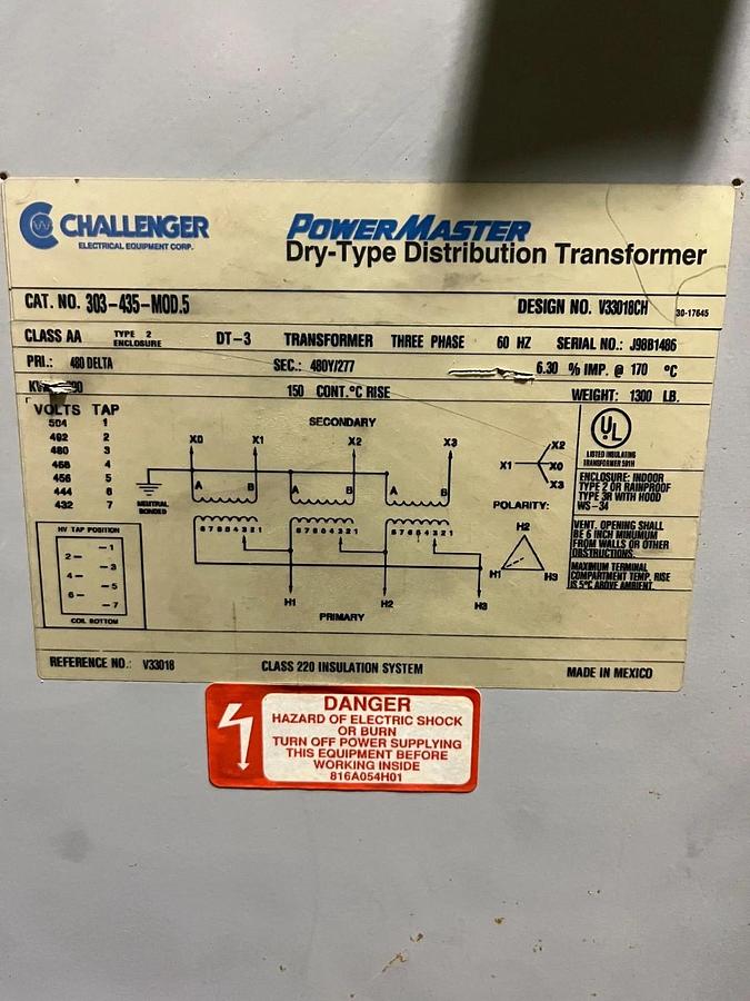 Used Challenger 300 KVA Transformer 303-435-Mod.5 Pri. 480 Delta Sec 480Y/277 3 Phase