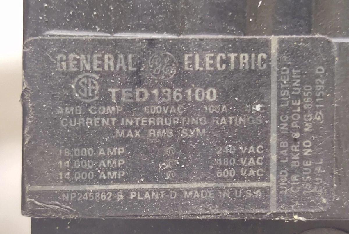Used General Electric GE TED136100 3 pole 3PH 100A circuit breaker 600v Disconnect