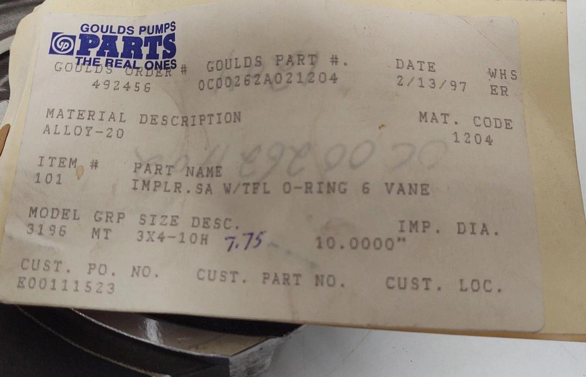 🔥 NEW Goulds (P/N 101) 3196MTX Pump 6-Vane Impeller 3x4-10H Alloy 20 Code 1204