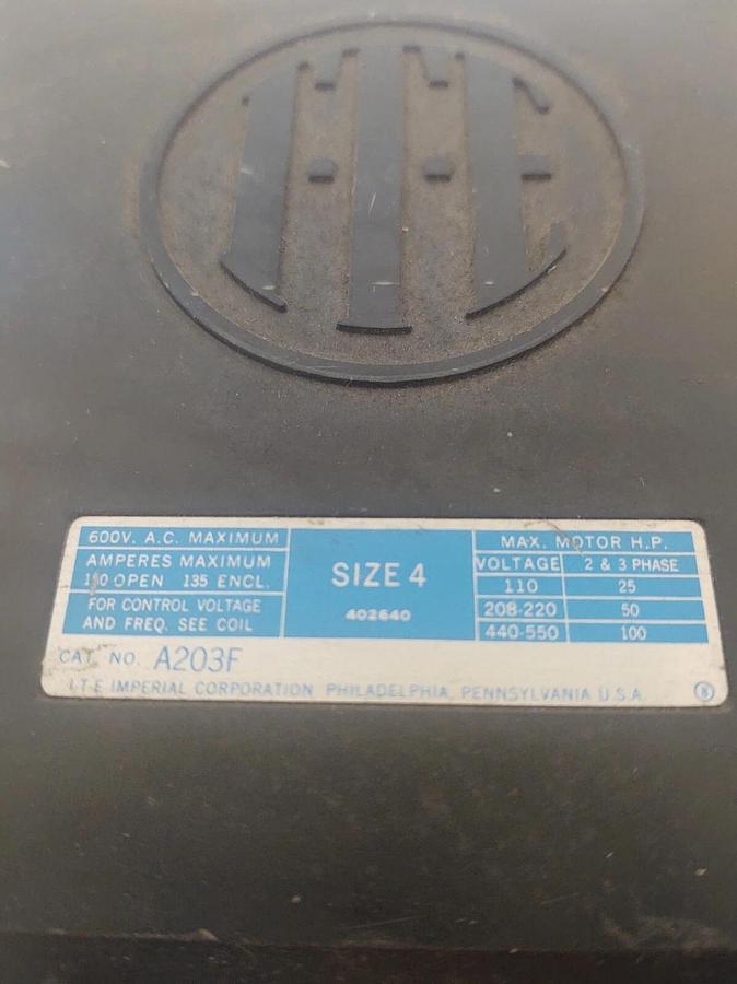Used 🔥 TESTED ITE A203F MOTOR STARTER NEMA SIZE 4 CONTACTOR, 150A 120V COIL