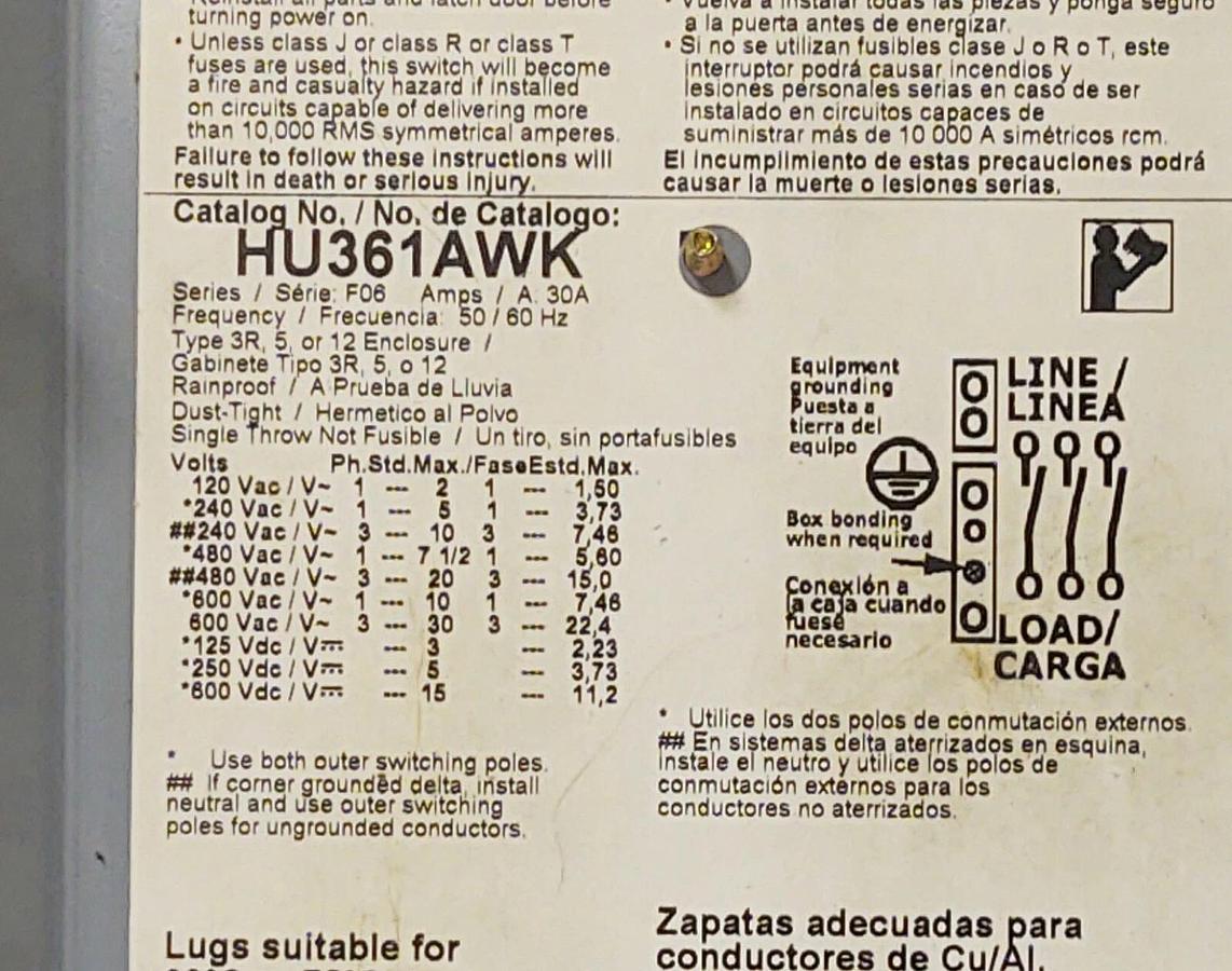Used 🔥 Square D HU361AWK Disconnect Switch 30A 600V 3PH Non-Fusible
