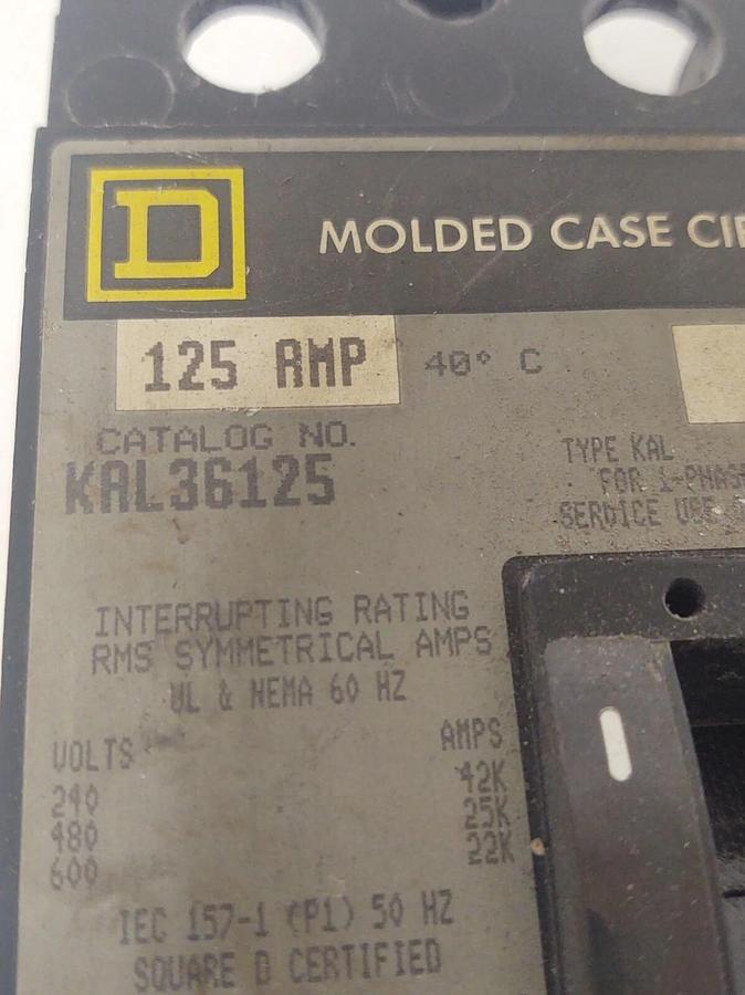 Used 🔥SQUARE D KAL36125 (RATED 50°C) 125A 600V 3P CIRCUIT BREAKER