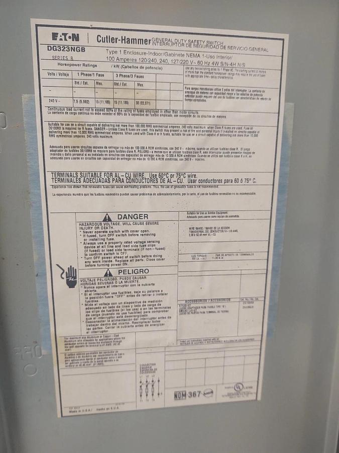 Used 🔥EATON CUTLER HAMMER 100A FUSED SAFETY SWITCH DISCONNECT 240 VAC 30 HP DG323NGB