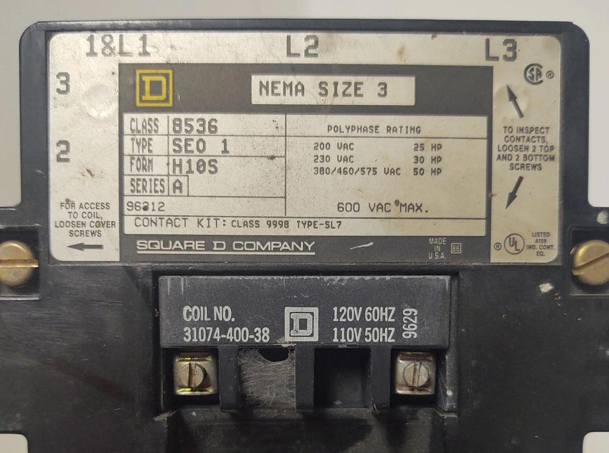 Used 🔥 (TESTED) Square D Nema Size 3, 8536 SEO1 H10S Motor Starter Motor Logic 120V