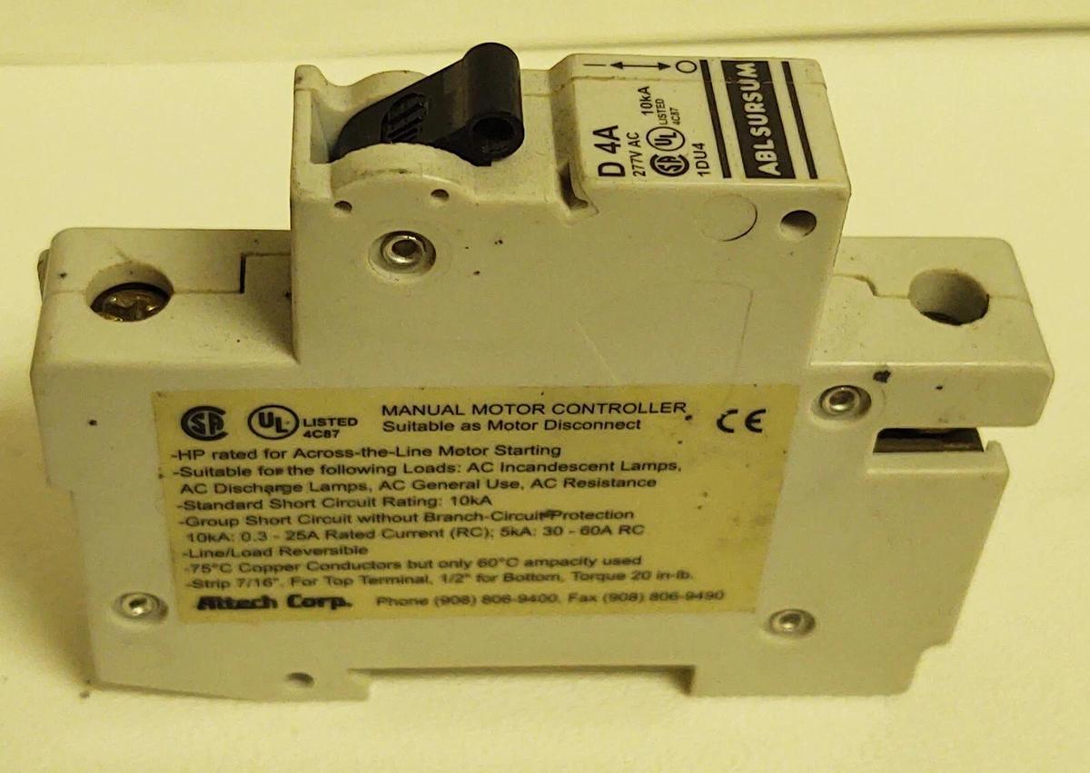 Used ALTECH ABL SURSUM CIRCUIT BREAKER 1DU2 D 4A 4 AMP A 277VAC 1 POLE 1P DIN Rail