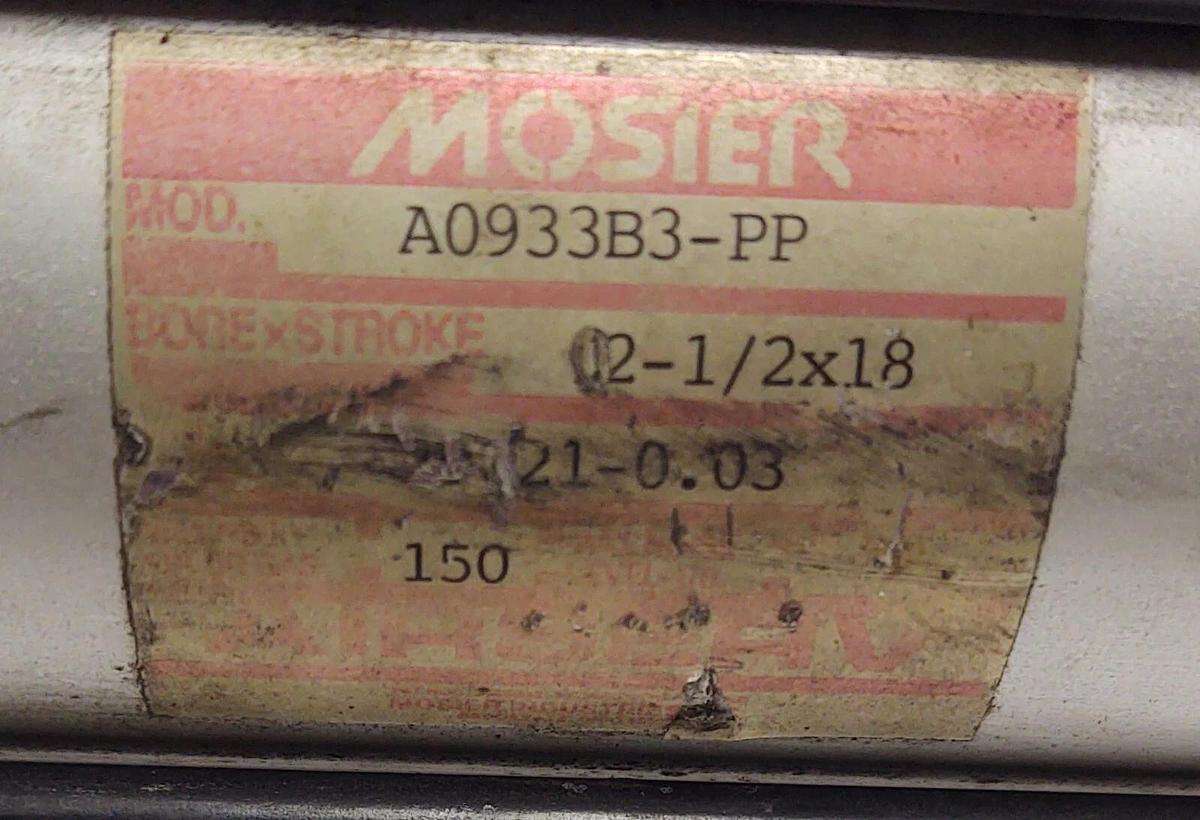 Used 150 PSI Mosier A0933B3-PP Pneumatic Air Cylinder 2.5" Bore 2-1/2 X 18