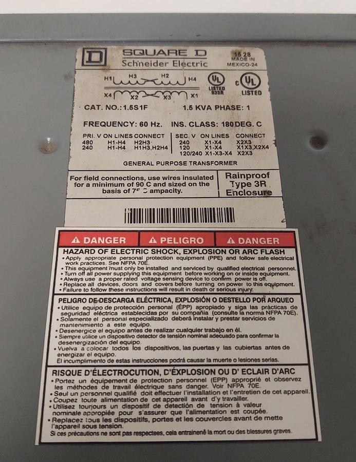 🔥SQUARE D TRANSFORMER - 1.5S1F - 1.5 KVA SINGLE PHASE 240/480V SEC: 120/240V