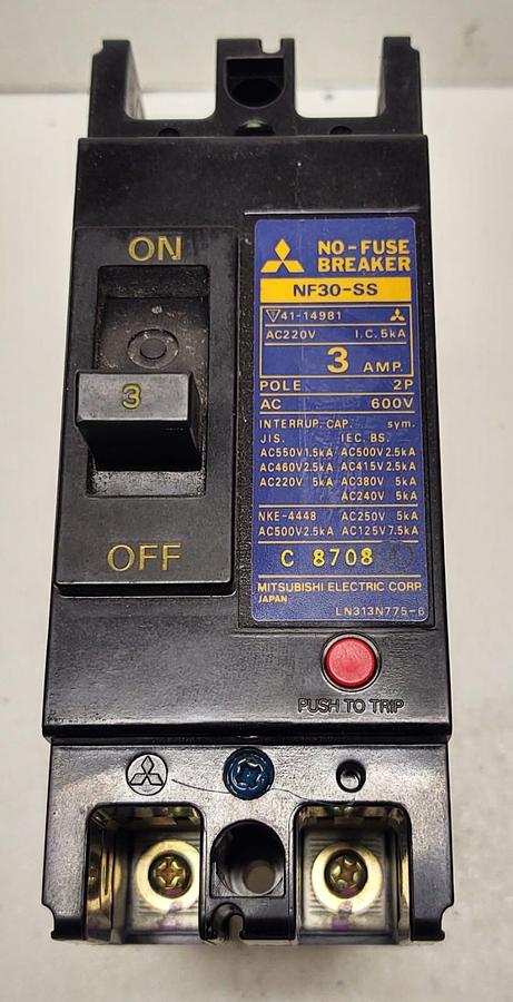Used Mitsubishi 41-14985 Electric NF-30SS No-Fuse Breaker, 3A, 600V, 2 Pole C8708