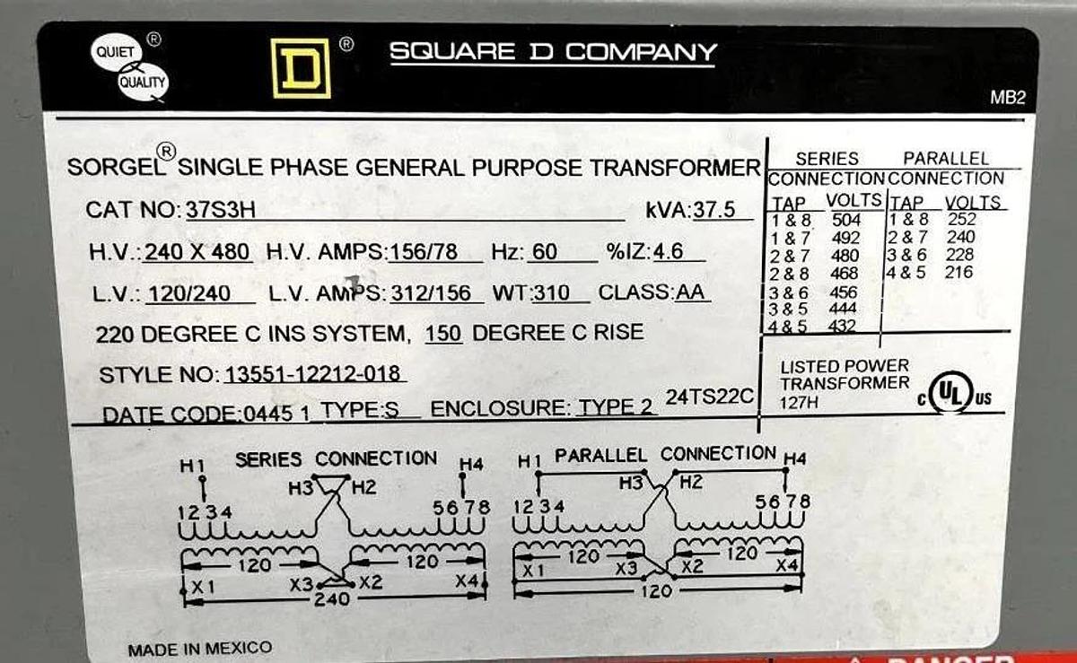 Used 🔥SQUARE D 37S3H 37.5 KVA H.V. 240/480 L.V. 120/240 SINGLE PHASE TRANSFORMER