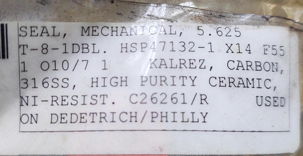 John Crane 5.625" Mechanical Plastic Reactor Seal Corrosive + Abrasive T-8-1DBL