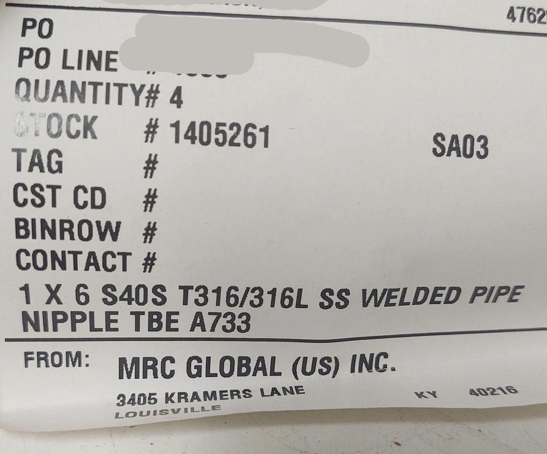 🔥QTY316/L Threaded Pipe Nipple, 1" NPT x 6" Length