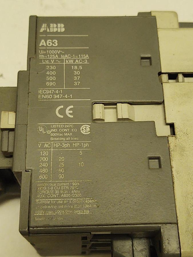 Used ABB A63-30-22 Power Switch Contactor 120V Coil