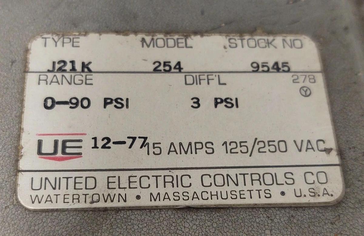 Used 🔥 United Electric UE J21K-254 J21K Mechanical 0-90 Pressure Switch