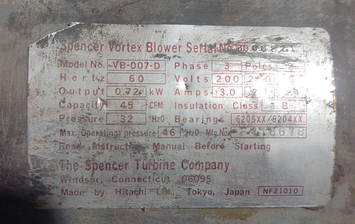 Used Spencer VB-007-D Vortex Centrifugal Blower / Free Shipping / Tested