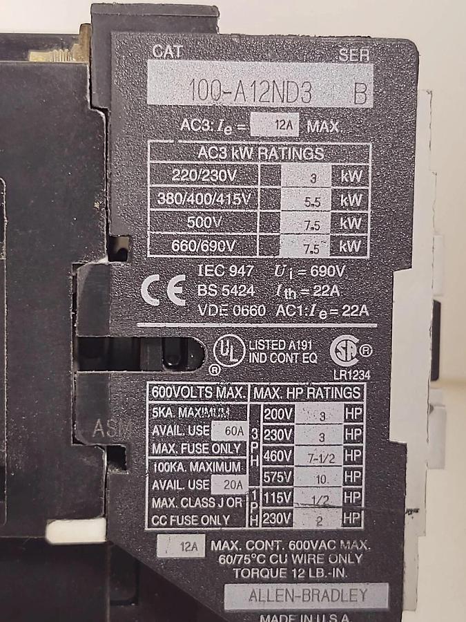 Used ALLEN BRADLEY 100-A12ND3 SER B CONTACTOR 120V COIL 12 AMP 600V